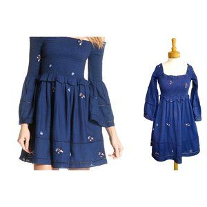 Free People COUNTING DAISIES Smocked Embroidered Off Shoulder Dress AS IS Sz S